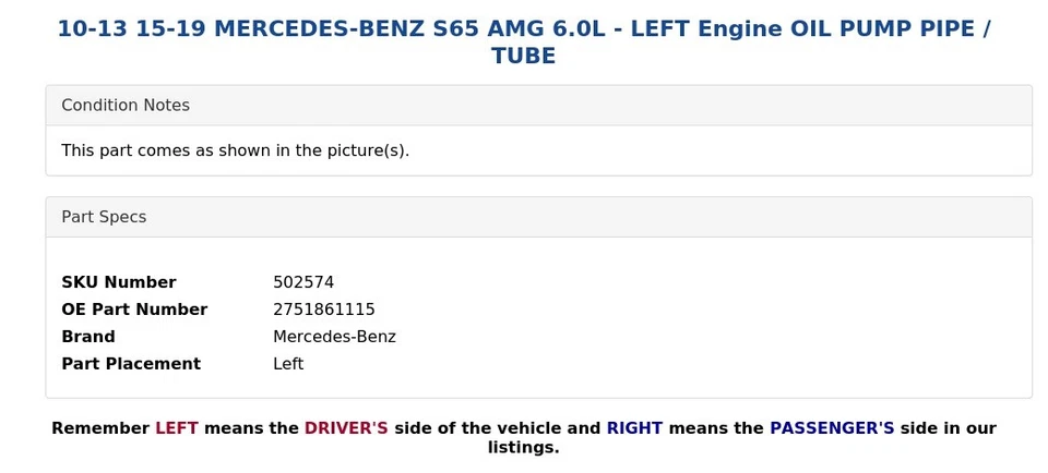 10-13 15-19 MERCEDES-BENZ S65 AMG 6.0L - TUBO/BOMBA ACEITE MOTOR IZQUIERDO Foto 3 de 4