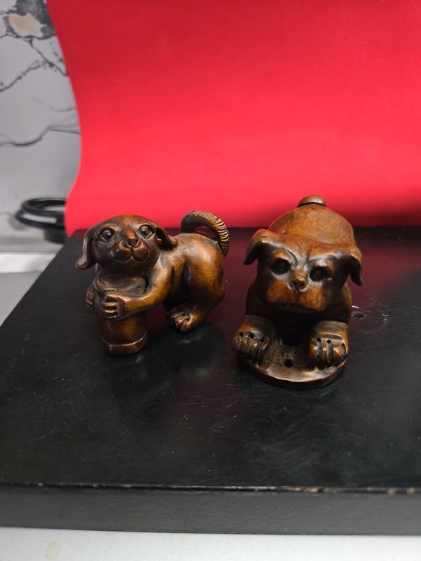 2pc Japanese Netsuke Dog Figures Hand Carved Vintage With Boot And Coin