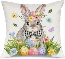 Easter Pillow Cover 18x18 Inch Bunny Floral Eggs Decorative Pillow Case Holid...