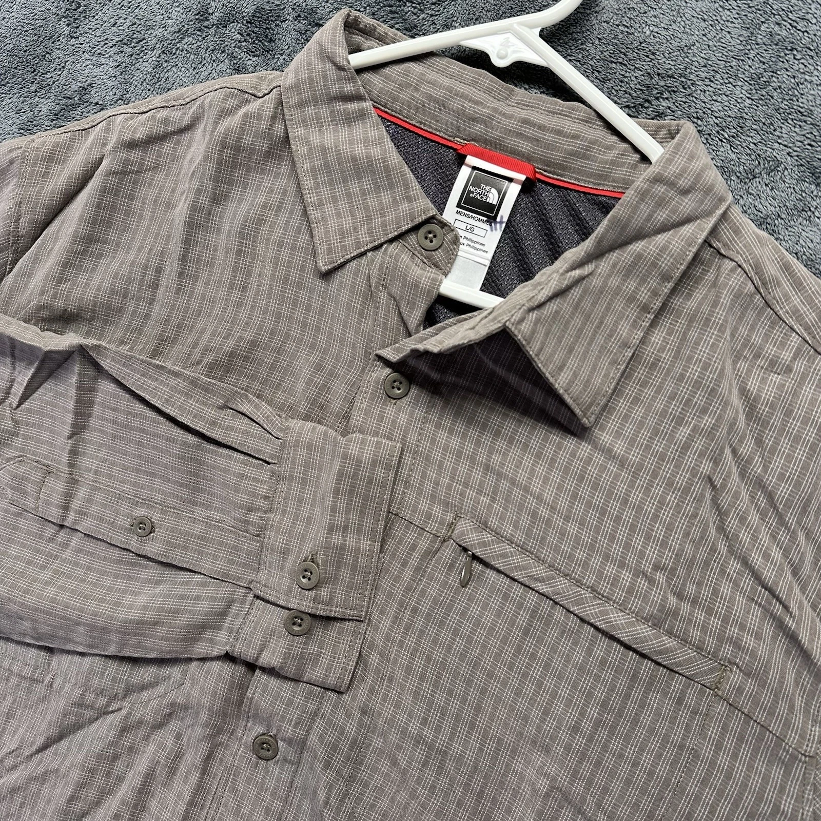The North Face Button Up Shirt Mens Large Gray Brown Zip Pocket Hiking Modal
