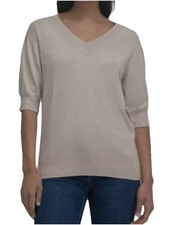NWT DKNY Ladies 3/4 Puff Sleeve Sweater Size M Birch Light Beige Luxury Neutral