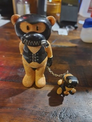 Bad Taste Bears Humorous Bear Set with Chain, 2 Figurines, Black Leather Outfit