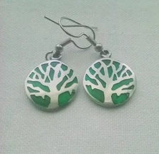 Tree of Life Silver Tone/Pewter & Green Inlay Drop Earrings