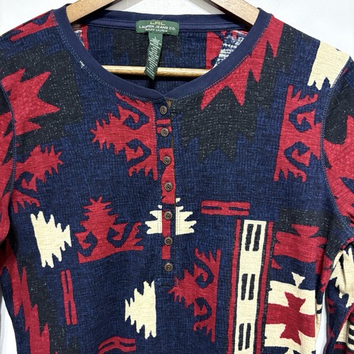 Top térmico Lauren Ralph Lauren para mujer L azul azteca suroeste parche en el codo Henley - Imagen 3 de 9