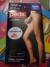 PEDS CONTROL TOP Silky Soft Ultra Sheer Leg Pantyhose Queen Black Run-resistant