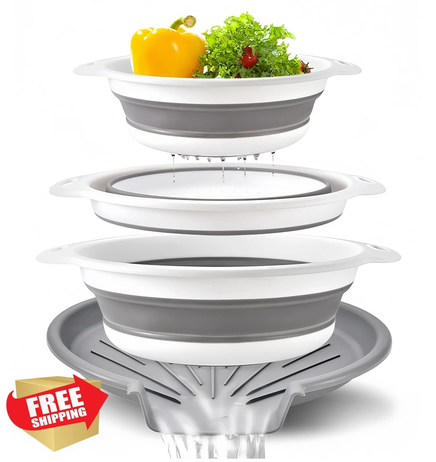 WMKJDS 3-Pack White-Gray Collapsible Colanders