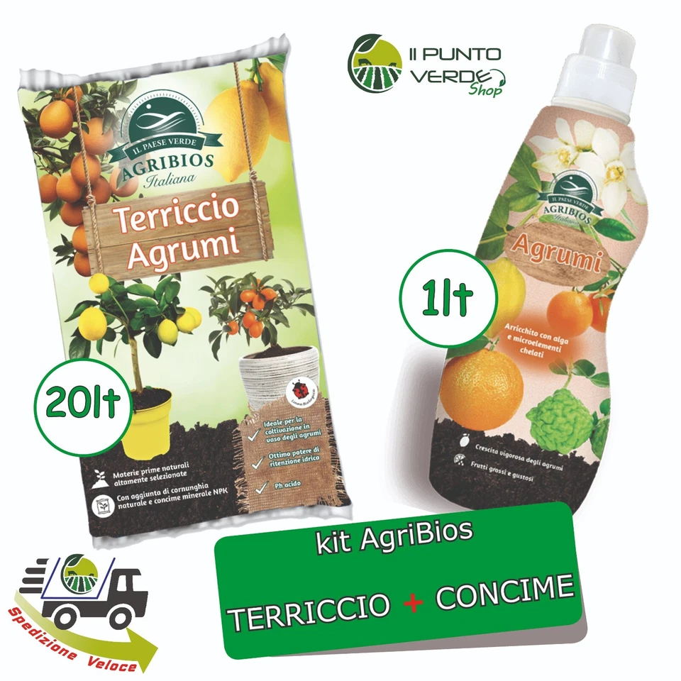 AGRIBIOS TERRICCIO 20 LT e CONCIME 1 lt specifico per AGRUMI e LIMONI con alga e ferro