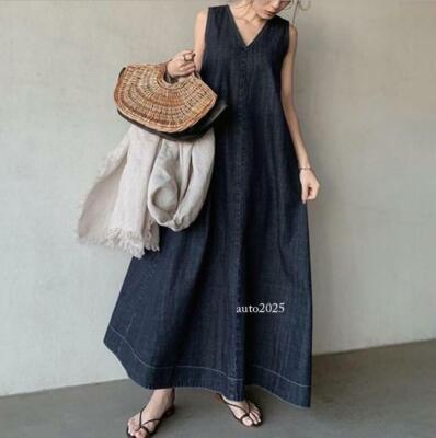 Women's Korean Style Simple Literary Denim Long Dress with Back Tie V-neck Dress | eBay Women's Korean Style Simple Literary Denim Long Dress with Back Tie V-neck Dress | eBay