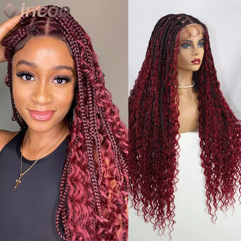 Curly Full Locs Braided Wig with Preplucked Hairline and Baby Hair Synthetic Box Braids