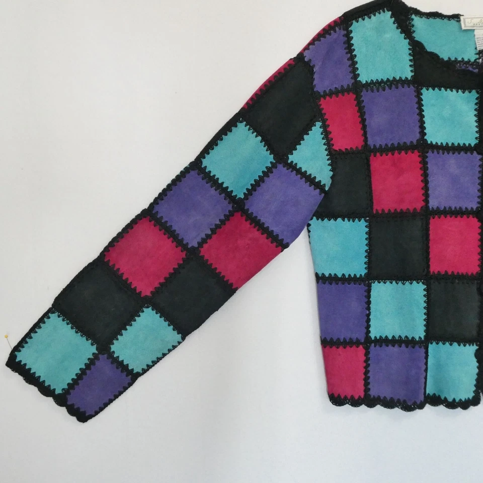 复古 Lg 麂皮绒拼布钩针夹克开衫外套五颜六色的波西米亚艺术 — 第 4/4 张图片