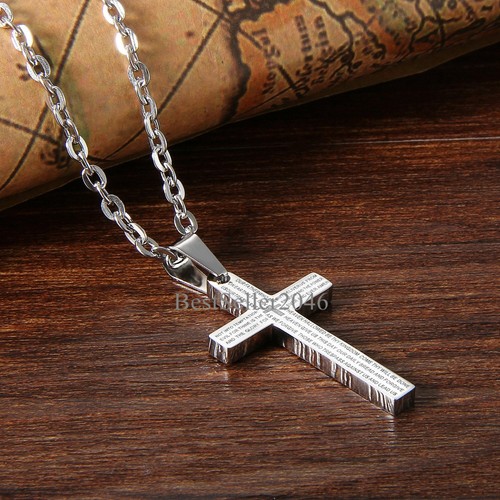 English Prayer Bible Cross Stainless Steel Men Women Charm Pendant Necklace 22" - Picture 28 of 29