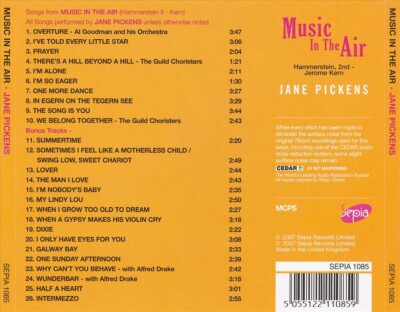JANE PICKENS - MUSIC IN THE AIR [SEPIA] NEW CD