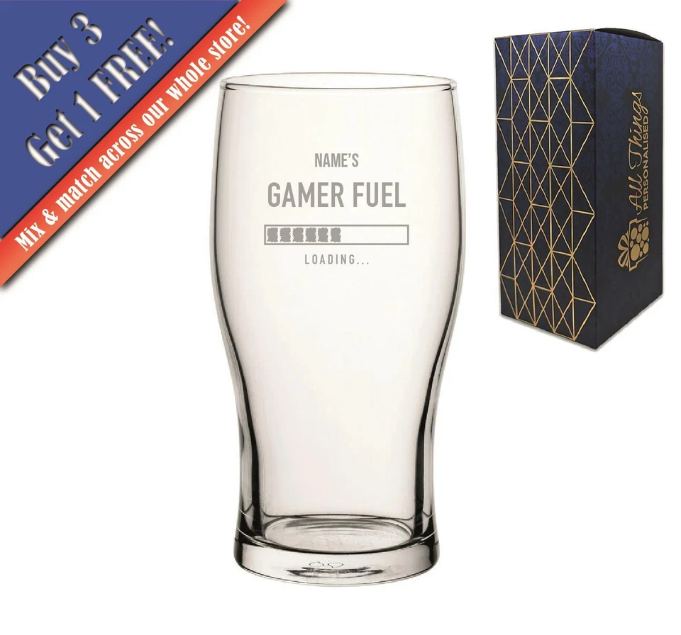CNC GROUP Engraved Pint Glass Name's Gamer Fuel Design, Gift Boxed