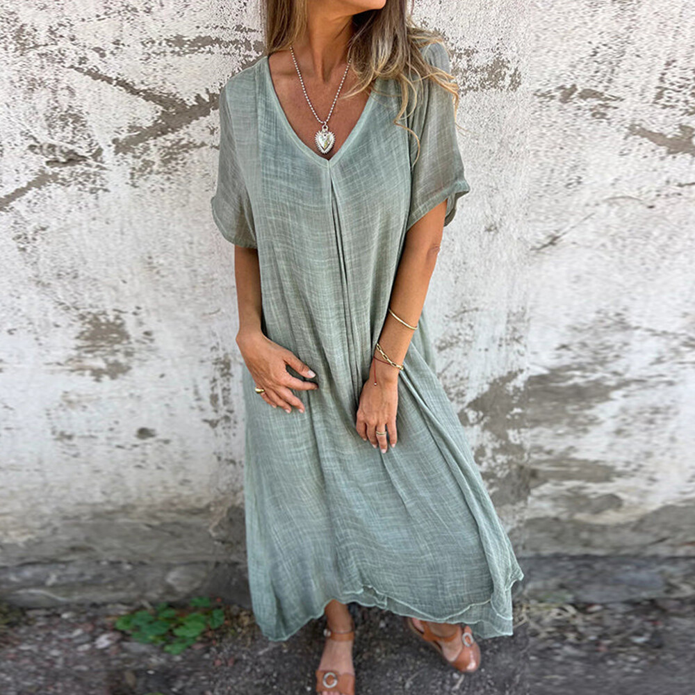 Robe D'été Baggy Pour Femmes Manches Courtes Coton Et Lin Col En V