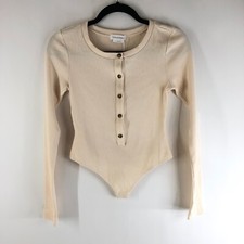 Lovers and Friends Rayne Bodysuit Henley Waffle Knit Thermal Stretch Ivory XS