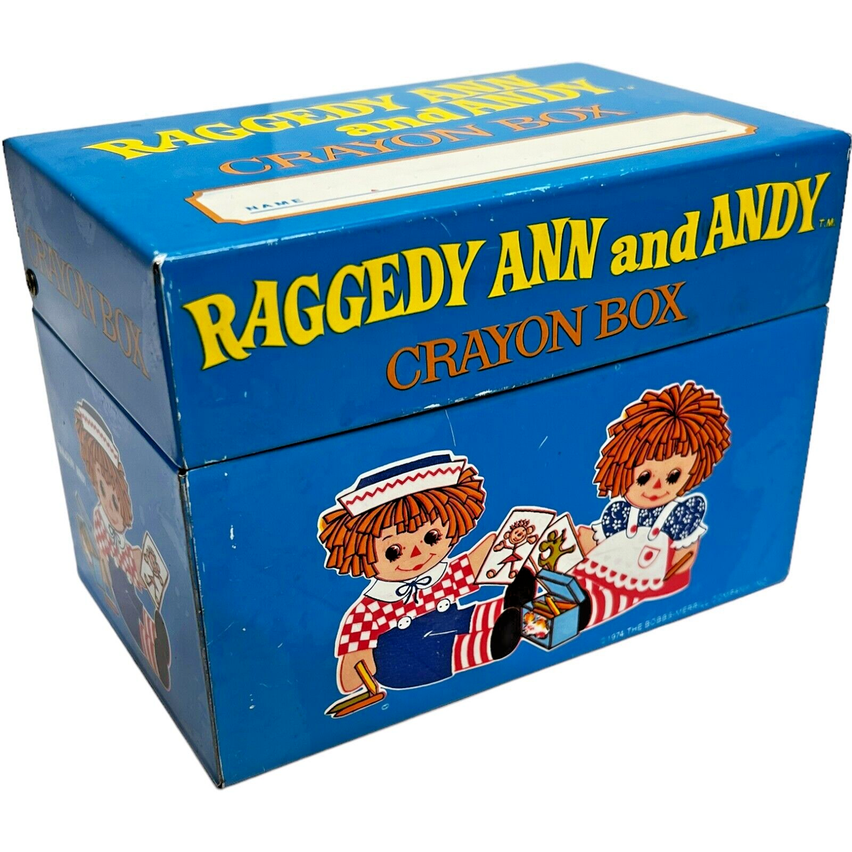 レア　希少品　RAGGEDY ANN &ANDY 1974年　貯金箱　美品 Vintage 1974 Raggedy Ann And Andy Metal Tin Crayon Box By J Chein