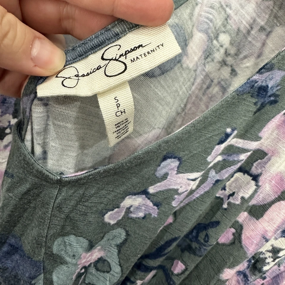 Jessica Simpson Maternity Top Womens Small Green Floral V-Neck Babydoll Tassel - Image 2 of 4