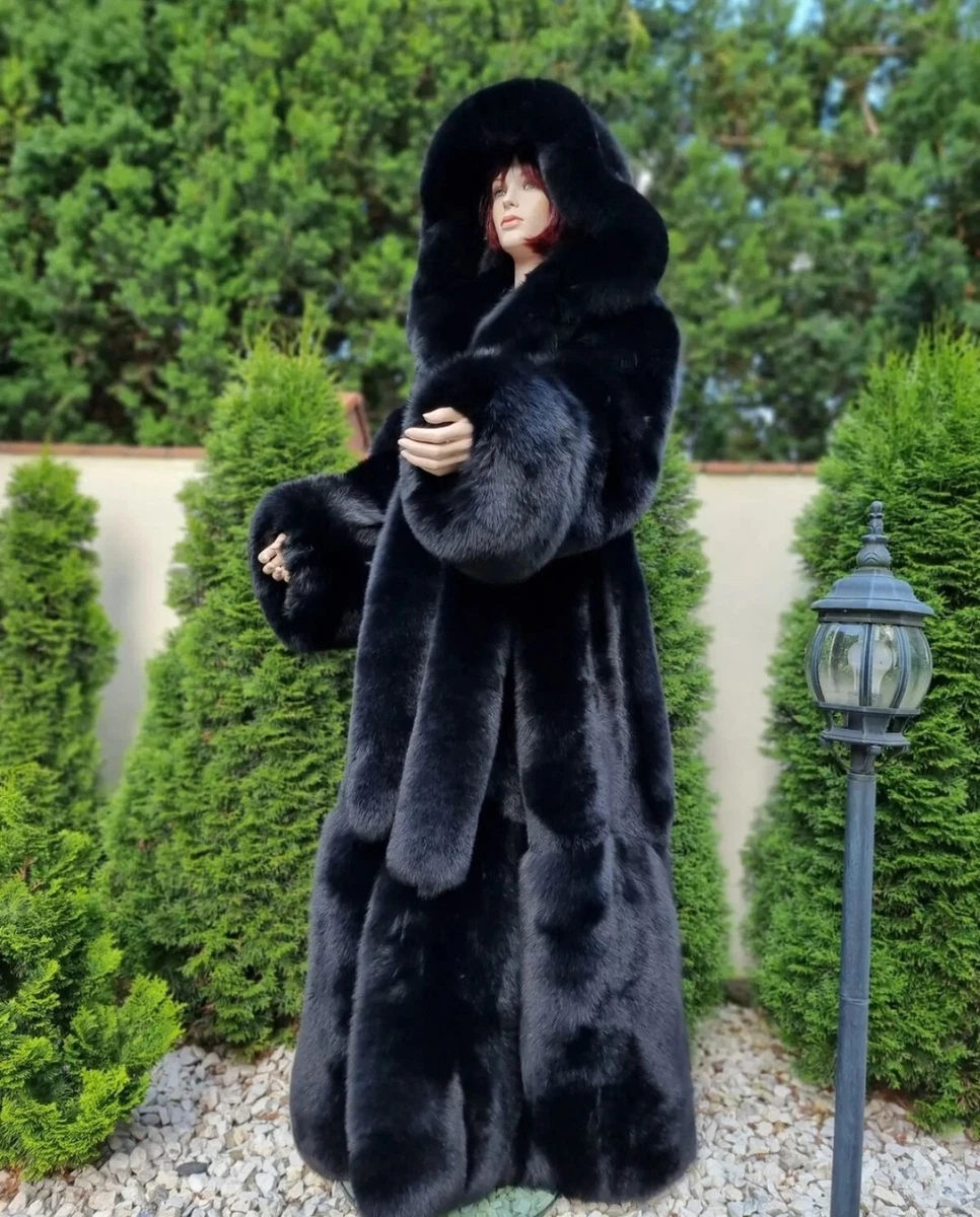 LUXURY BLUE fox in black Full coat with Whole skins long coat