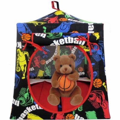 Black, Basketball Print Toy Pop Up Fabric House, 2 Sleeping Bags, Handmade 