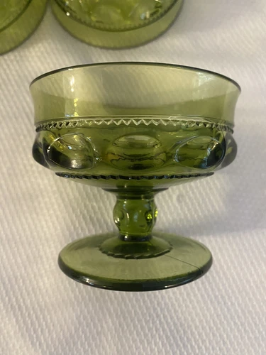 Vintage Kings Crown Indiana Glass Thumbprint Compote Dessert Olive Green Lot/4