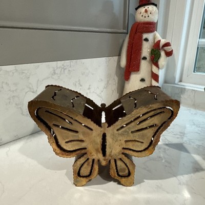 Vintage Copper Rustic Metal Butterfly Cutout Design Light Display Candle Holder