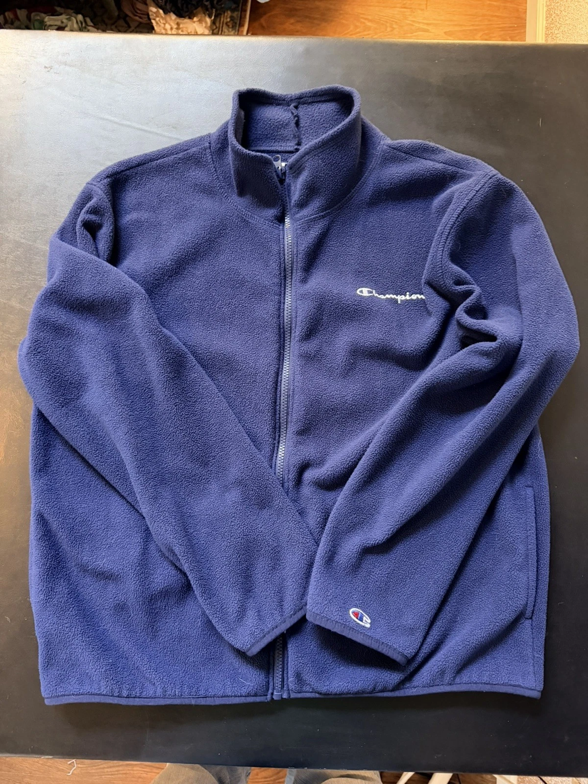 Champion Full Zip Fleece Jacket Size XL, Navy Blue Script Logo. EUC. image 1