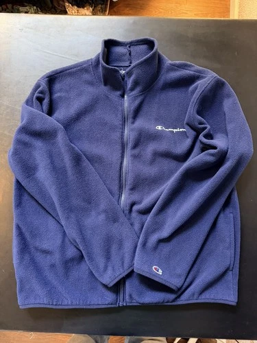 Champion Full Zip Fleece Jacket Size XL, Navy Blue Script Logo. EUC. - product listing photo