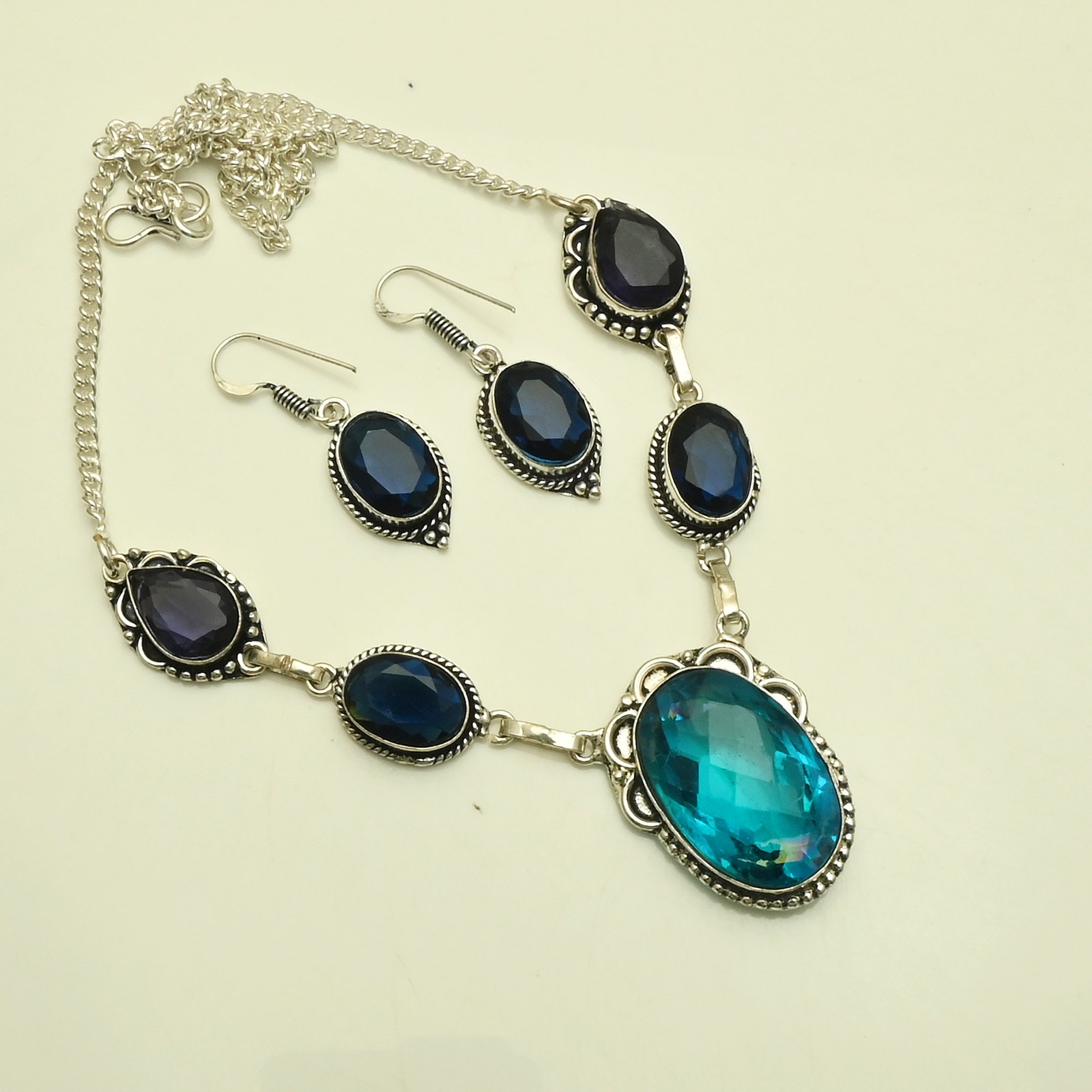 Blue Topaz Tanzanite Gemstone Handmade Necklace+Earring Jewelry 36 Gms AN 35981