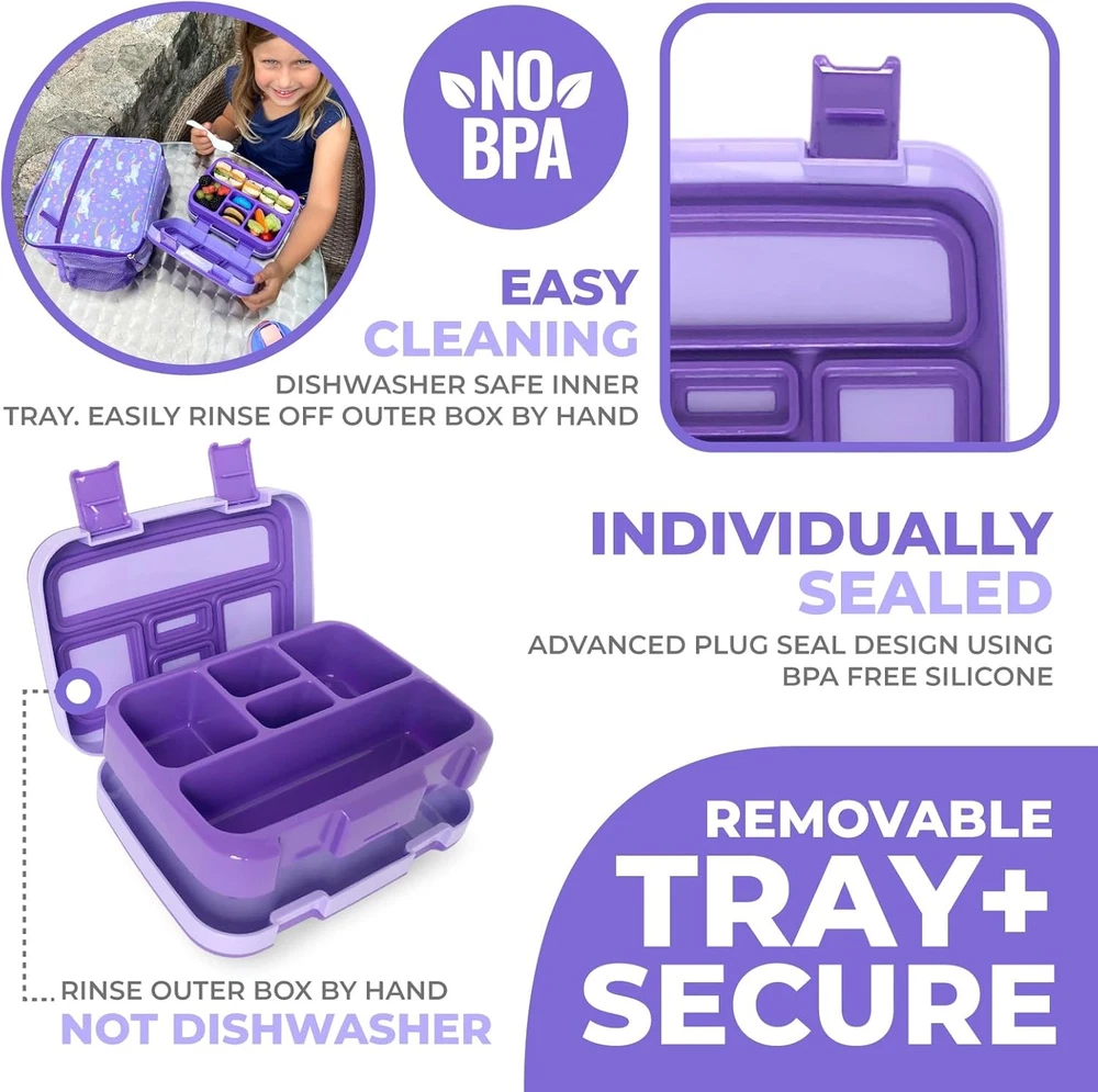 Insulated Kids Bento Box Lunch Bag with Ice Pack - Purple Unicorn Set for Ages 7