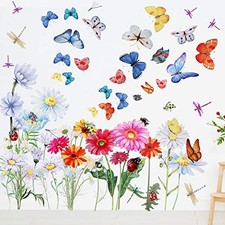 64 Pcs Flowers and Butterflies Wall Decals, Wildflower Butterfly Colorful