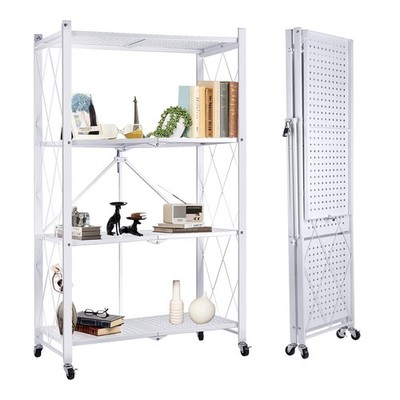 4-Tier Heavy-Duty Storage Rack Foldable Shelving Wheels Kitchen & Garage Metal