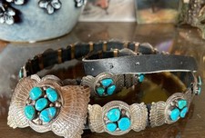 Rare Native American Navajo Signed Turquoise Sterling Silver Concho Belt