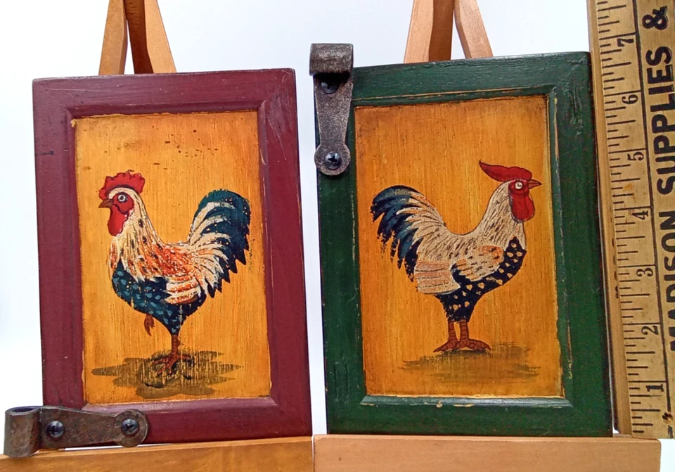 Rooster Picture Primitive Wood Frame Metal Rustic 1999 Blue Sky CA 5x7" Set of 2 - Image 3 of 4