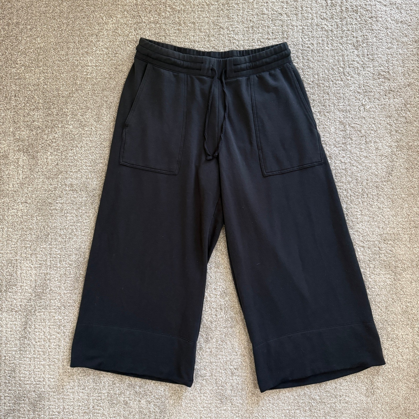 Quince SuperSoft Fleece Wide Leg Pants Black Cropped Drawstring Pockets Large