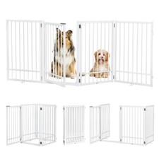 Metal Freestanding Dog Gate with Door, Extra Wide 81", 31" Height Foldable Do...