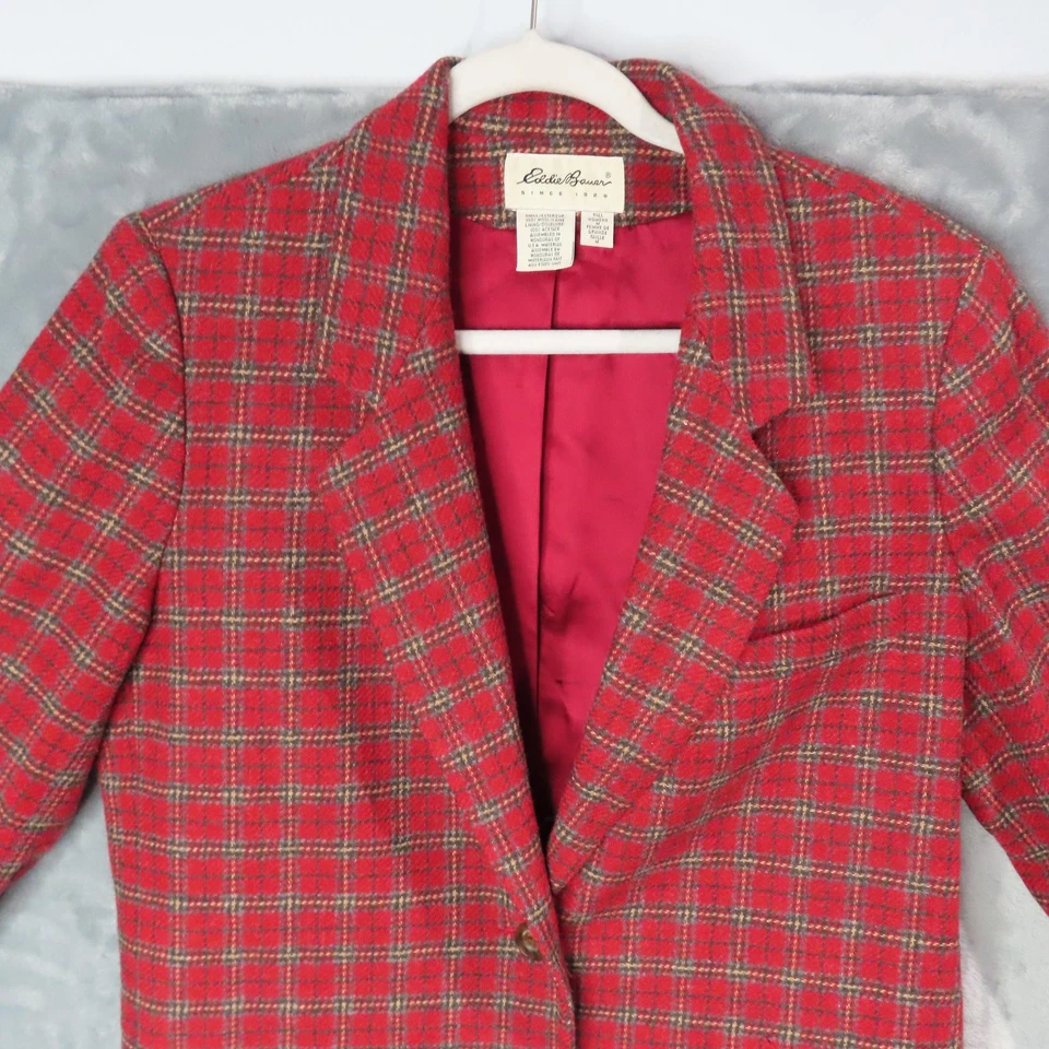 Blazer vintage Eddie Bauer para mujer mediano alto rojo a cuadros chaqueta de lana bolsillos años 90 Foto 2 de 4