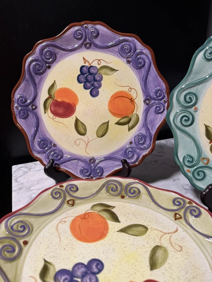 Set 4 Tabletops Unlimited Medici Hand Painted Round 11" Plates Colorful Fruit - Image 3 of 4
