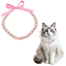 Cat Collar Pearl Necklace 15" Dog Pearl Necklace Collar with Bow Pink L