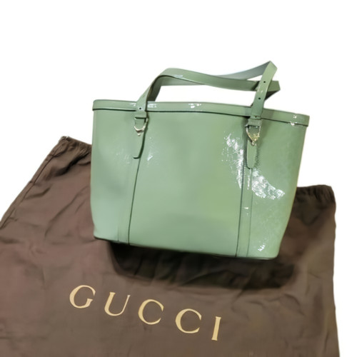 Gucci Patent Leather Tote Bag Enamel Green Micro GG Vintage Authentic Used