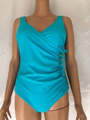 Ocean Jewel One Piece Swimsuit Size 14 Turquoise Gold Grommet Lace Up NWOT