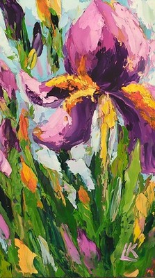 Iris Ölgemälde auf Tafel Mini Lila Blume Wandbild Violette Iris Impasto Kunst