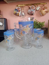 Antique Lemonade Pitcher And Matching 6 Piece Glass Set. Beautiful Floral Design