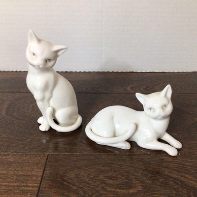 2x Vintage Lenwile Ardalt Verithin White Porcelain China Cat Figurine Japan