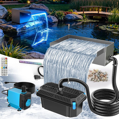 12INCH Pond Waterfall Spillway with Multi-Stage Pond Filter & RGB LED Lights App