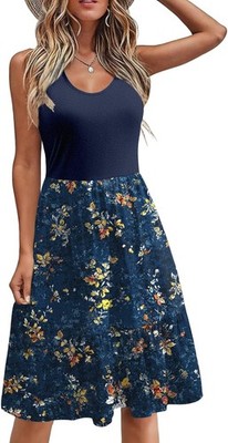 Zeagoo Damen Kleid Sommer knielang ärmellos Rundhals Rüschen mit Taschen