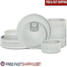 12 Piece Dinnerware Set Stoneware Service 4 Unique Design Dishwasher Safe New