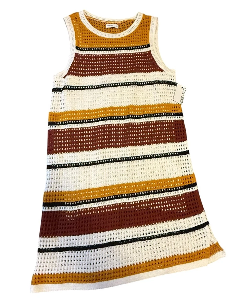 Vestido de crochê feminino Nine West listrado marrom branco algodão sem mangas tamanho XL - Imagem 2 de 4