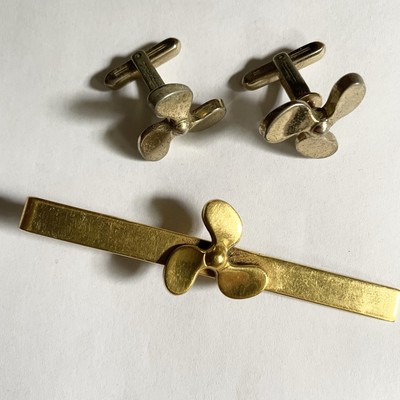 Prop Propeller Vintage HICKOK Tie Bar Clip + Cufflinks Set Boat Ship Naval