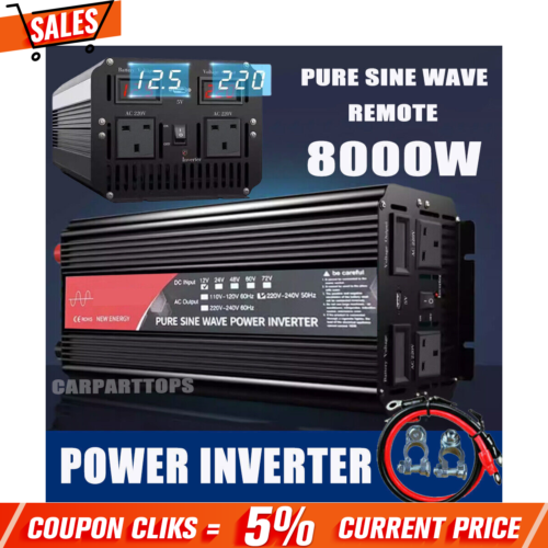 4000W/8000W PURE SINE WAVE Power Inverter DC 24v to AC 230v 240v Car Converter - Afbeelding 1 van 12