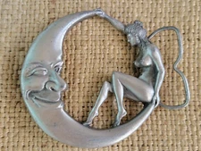 1979 Bergamot Brass Works Belt Buckle Crescent Moon Face & Nude Woman W-49 USA